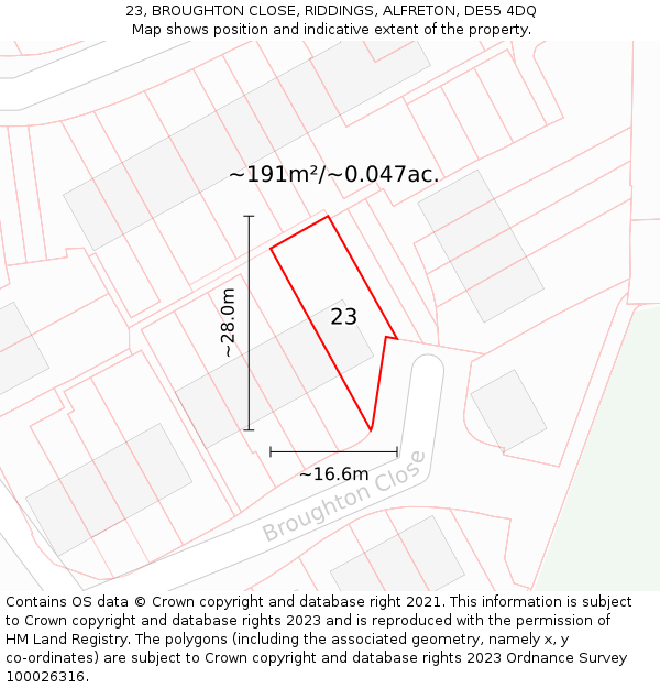 23, BROUGHTON CLOSE, RIDDINGS, ALFRETON, DE55 4DQ: Plot and title map