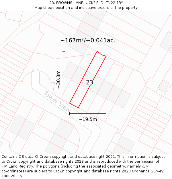 23, BROWNS LANE, UCKFIELD, TN22 1RY: Plot and title map