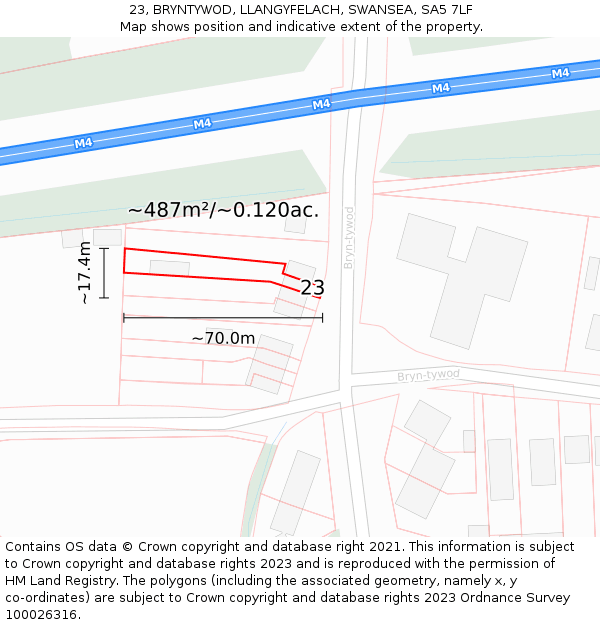 23, BRYNTYWOD, LLANGYFELACH, SWANSEA, SA5 7LF: Plot and title map