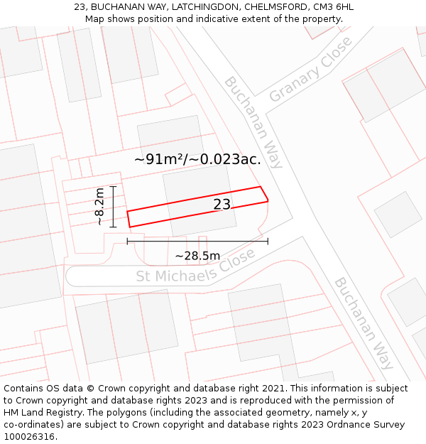 23, BUCHANAN WAY, LATCHINGDON, CHELMSFORD, CM3 6HL: Plot and title map