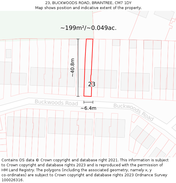 23, BUCKWOODS ROAD, BRAINTREE, CM7 1DY: Plot and title map