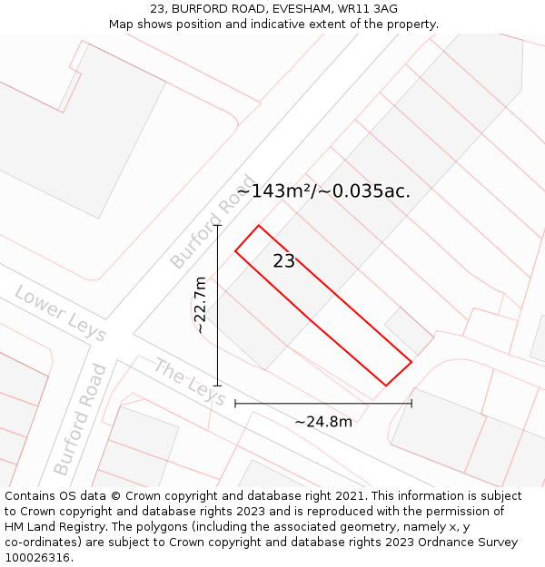 23, BURFORD ROAD, EVESHAM, WR11 3AG: Plot and title map