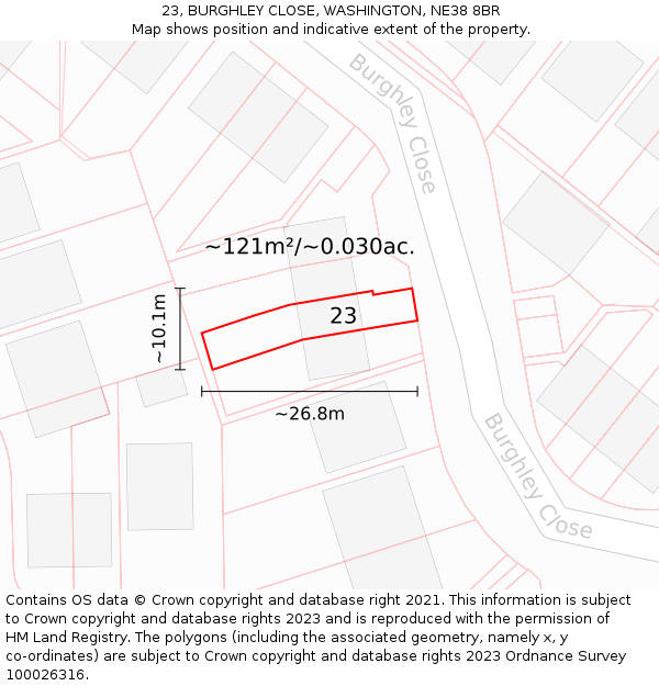 23, BURGHLEY CLOSE, WASHINGTON, NE38 8BR: Plot and title map