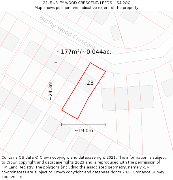 23, BURLEY WOOD CRESCENT, LEEDS, LS4 2QQ: Plot and title map