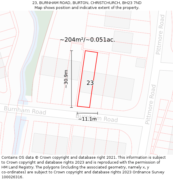 23, BURNHAM ROAD, BURTON, CHRISTCHURCH, BH23 7ND: Plot and title map