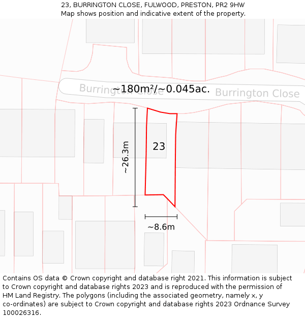 23, BURRINGTON CLOSE, FULWOOD, PRESTON, PR2 9HW: Plot and title map