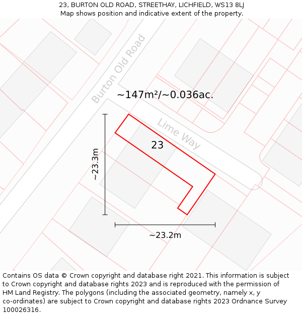 23, BURTON OLD ROAD, STREETHAY, LICHFIELD, WS13 8LJ: Plot and title map