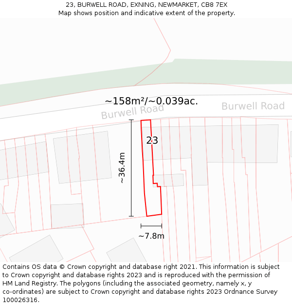 23, BURWELL ROAD, EXNING, NEWMARKET, CB8 7EX: Plot and title map