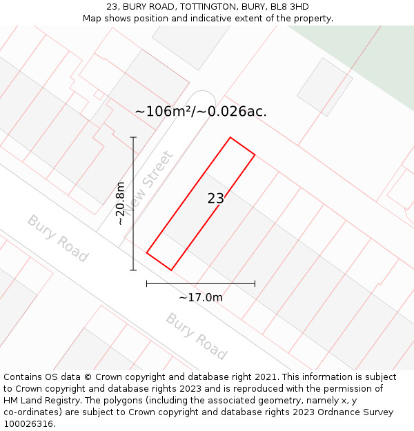 23, BURY ROAD, TOTTINGTON, BURY, BL8 3HD: Plot and title map