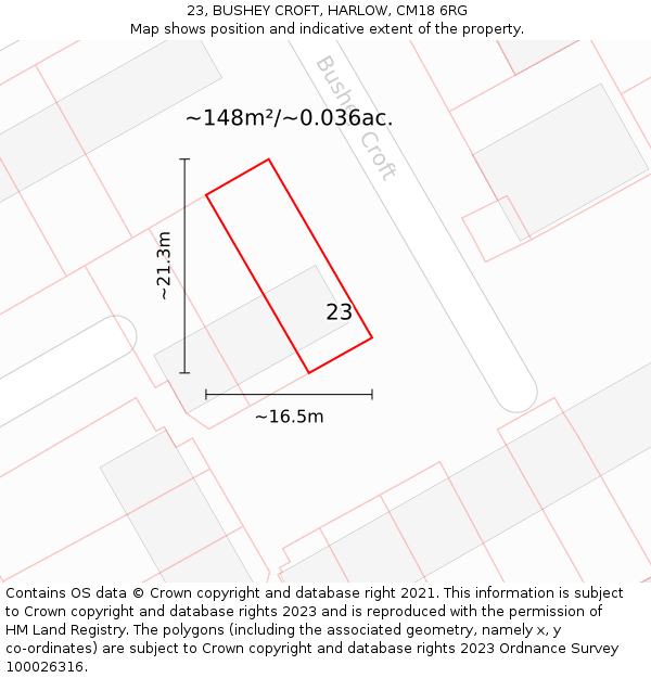 23, BUSHEY CROFT, HARLOW, CM18 6RG: Plot and title map