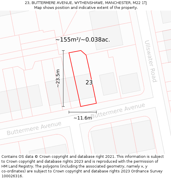 23, BUTTERMERE AVENUE, WYTHENSHAWE, MANCHESTER, M22 1TJ: Plot and title map