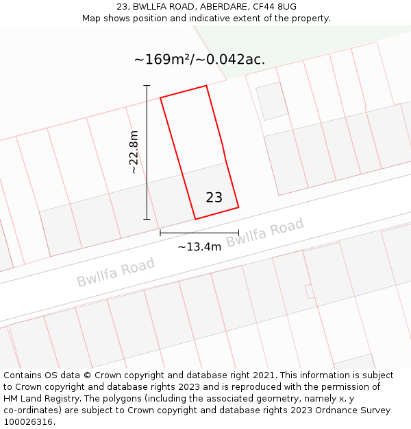 23, BWLLFA ROAD, ABERDARE, CF44 8UG: Plot and title map