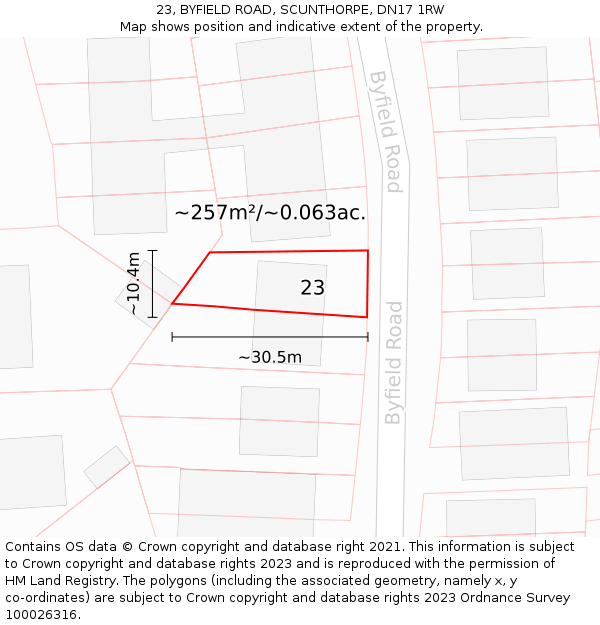 23, BYFIELD ROAD, SCUNTHORPE, DN17 1RW: Plot and title map