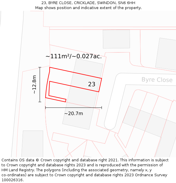 23, BYRE CLOSE, CRICKLADE, SWINDON, SN6 6HH: Plot and title map