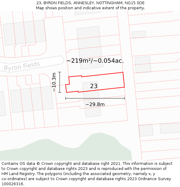 23, BYRON FIELDS, ANNESLEY, NOTTINGHAM, NG15 0DE: Plot and title map