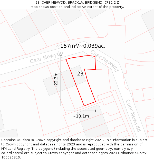 23, CAER NEWYDD, BRACKLA, BRIDGEND, CF31 2JZ: Plot and title map