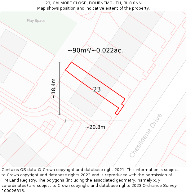 23, CALMORE CLOSE, BOURNEMOUTH, BH8 0NN: Plot and title map
