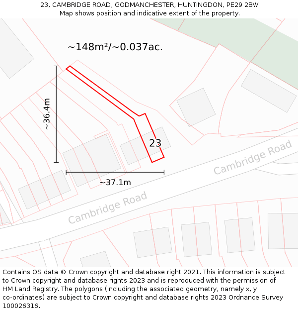 23, CAMBRIDGE ROAD, GODMANCHESTER, HUNTINGDON, PE29 2BW: Plot and title map
