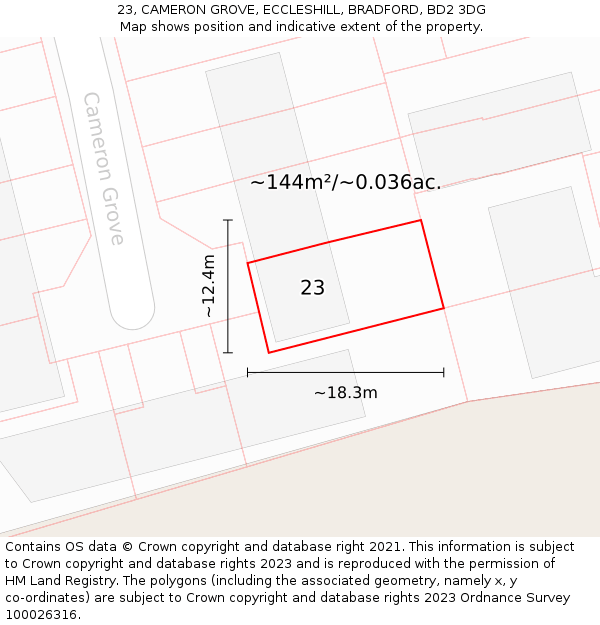 23, CAMERON GROVE, ECCLESHILL, BRADFORD, BD2 3DG: Plot and title map