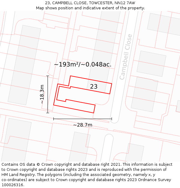 23, CAMPBELL CLOSE, TOWCESTER, NN12 7AW: Plot and title map