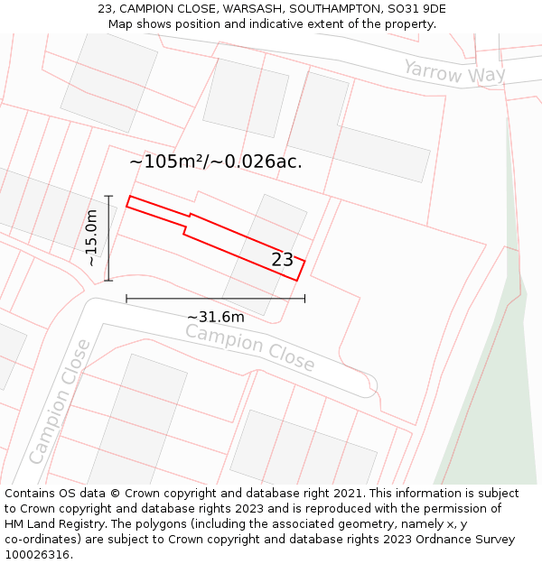 23, CAMPION CLOSE, WARSASH, SOUTHAMPTON, SO31 9DE: Plot and title map
