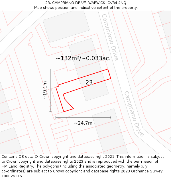 23, CAMPRIANO DRIVE, WARWICK, CV34 4NQ: Plot and title map