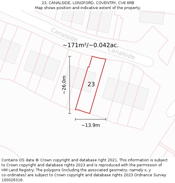 23, CANALSIDE, LONGFORD, COVENTRY, CV6 6RB: Plot and title map