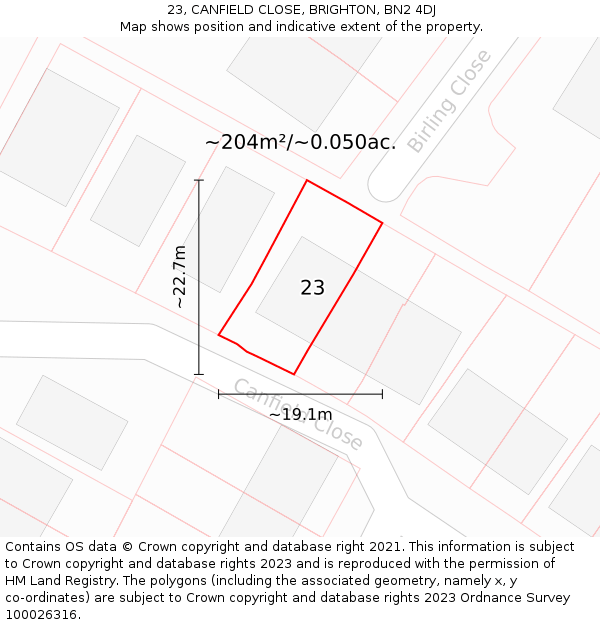 23, CANFIELD CLOSE, BRIGHTON, BN2 4DJ: Plot and title map