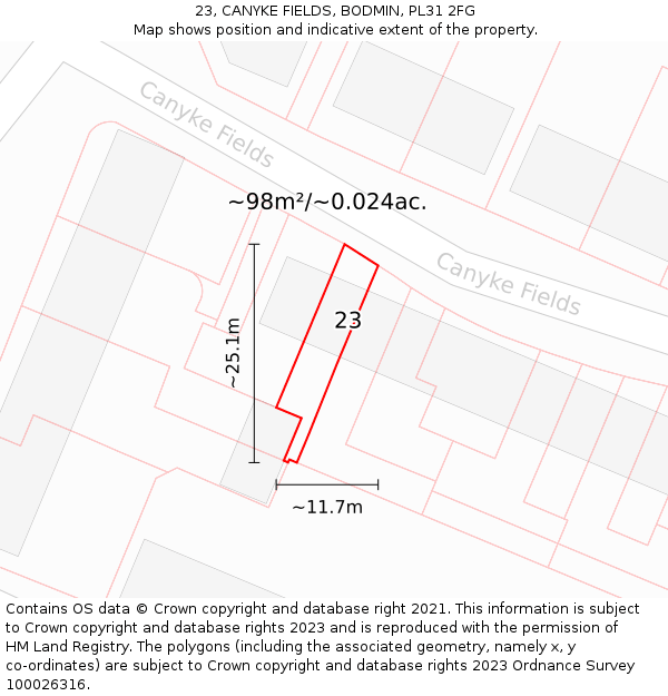 23, CANYKE FIELDS, BODMIN, PL31 2FG: Plot and title map
