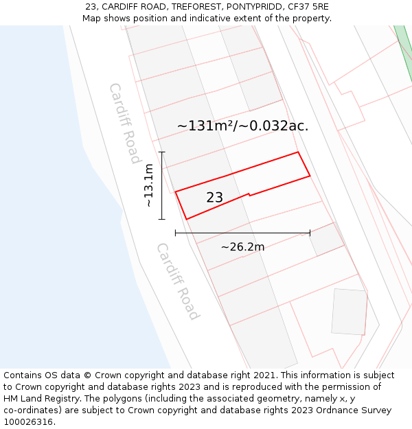 23, CARDIFF ROAD, TREFOREST, PONTYPRIDD, CF37 5RE: Plot and title map