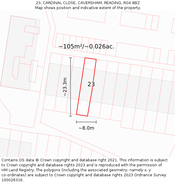 23, CARDINAL CLOSE, CAVERSHAM, READING, RG4 8BZ: Plot and title map