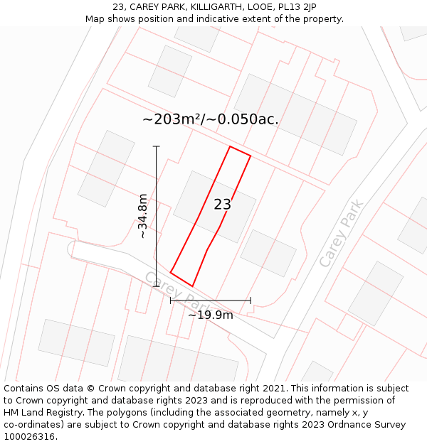 23, CAREY PARK, KILLIGARTH, LOOE, PL13 2JP: Plot and title map