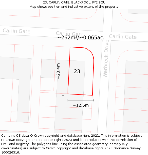 23, CARLIN GATE, BLACKPOOL, FY2 9QU: Plot and title map