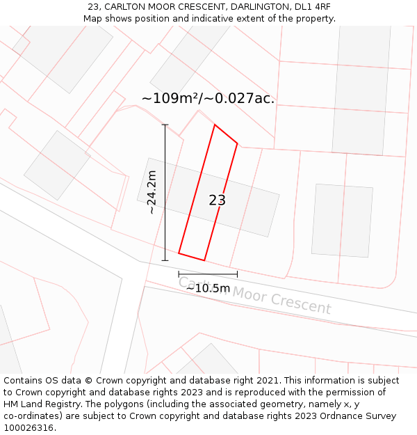 23, CARLTON MOOR CRESCENT, DARLINGTON, DL1 4RF: Plot and title map