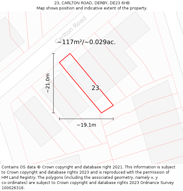 23, CARLTON ROAD, DERBY, DE23 6HB: Plot and title map