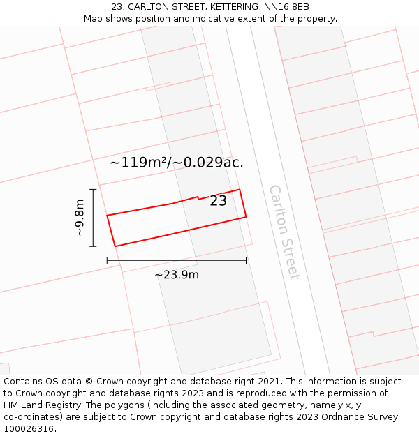 23, CARLTON STREET, KETTERING, NN16 8EB: Plot and title map