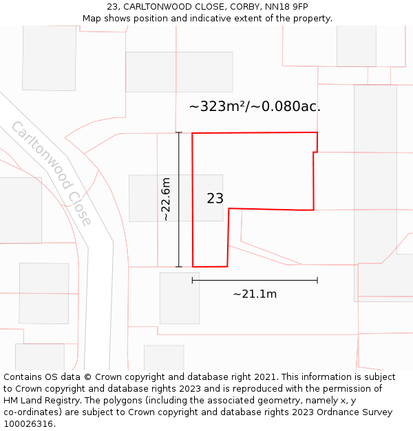 23, CARLTONWOOD CLOSE, CORBY, NN18 9FP: Plot and title map