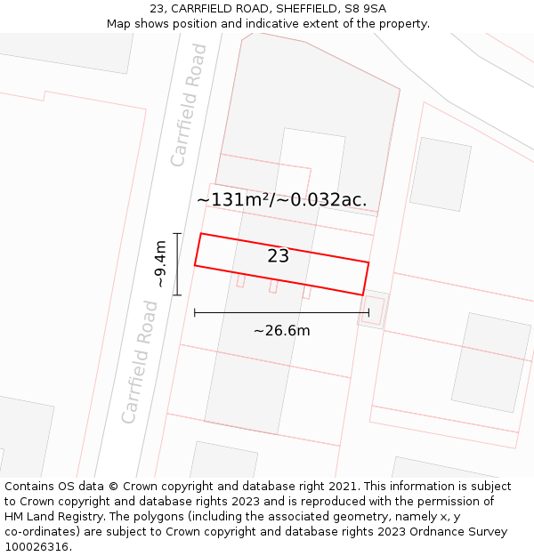 23, CARRFIELD ROAD, SHEFFIELD, S8 9SA: Plot and title map