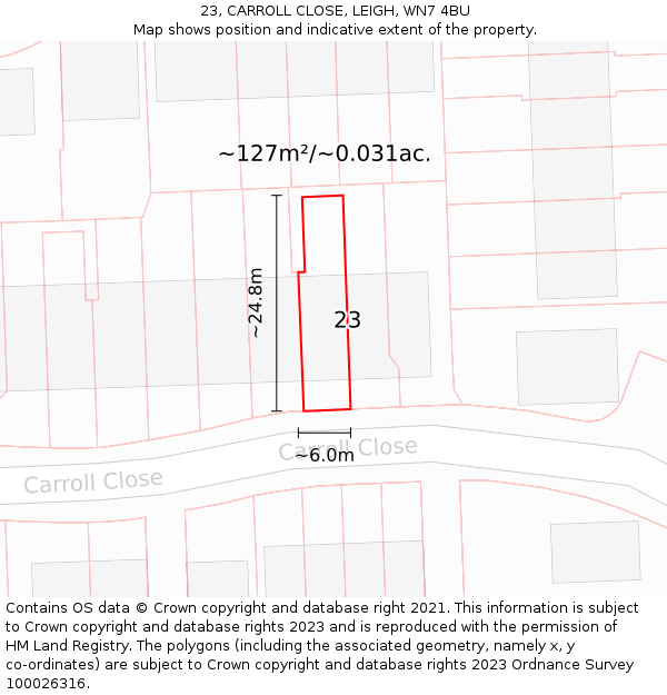 23, CARROLL CLOSE, LEIGH, WN7 4BU: Plot and title map