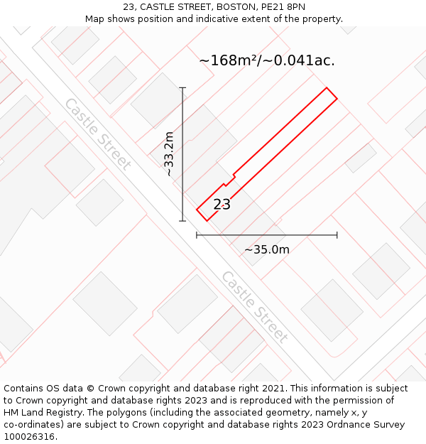 23, CASTLE STREET, BOSTON, PE21 8PN: Plot and title map