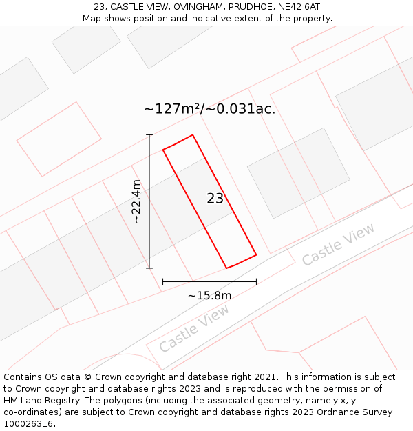 23, CASTLE VIEW, OVINGHAM, PRUDHOE, NE42 6AT: Plot and title map