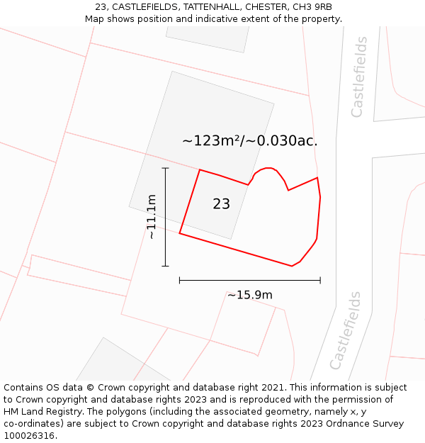 23, CASTLEFIELDS, TATTENHALL, CHESTER, CH3 9RB: Plot and title map