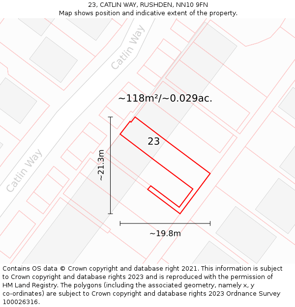 23, CATLIN WAY, RUSHDEN, NN10 9FN: Plot and title map