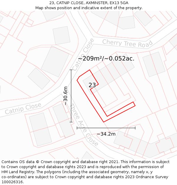 23, CATNIP CLOSE, AXMINSTER, EX13 5GA: Plot and title map