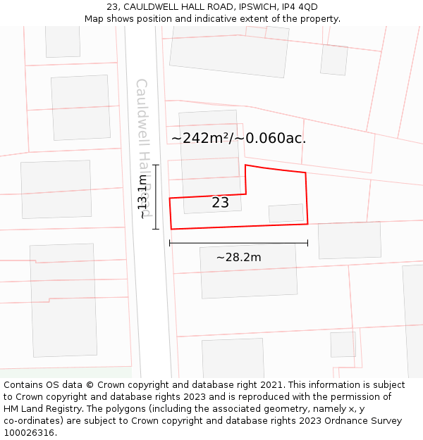 23, CAULDWELL HALL ROAD, IPSWICH, IP4 4QD: Plot and title map