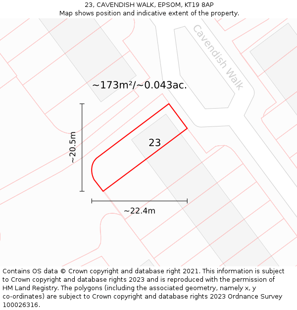 23, CAVENDISH WALK, EPSOM, KT19 8AP: Plot and title map