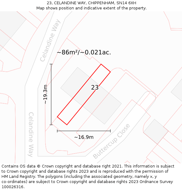 23, CELANDINE WAY, CHIPPENHAM, SN14 6XH: Plot and title map