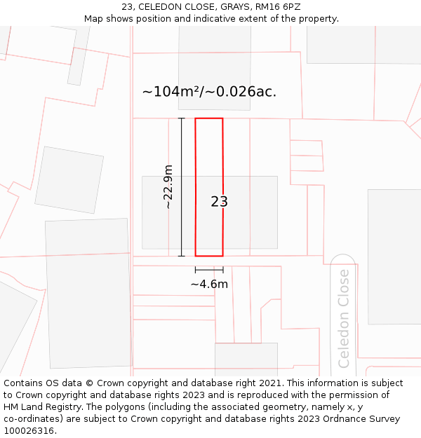23, CELEDON CLOSE, GRAYS, RM16 6PZ: Plot and title map