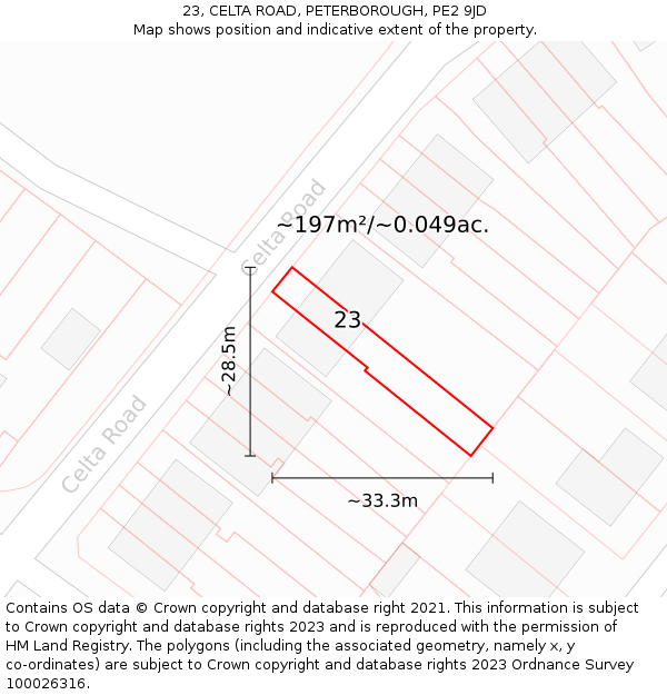 23, CELTA ROAD, PETERBOROUGH, PE2 9JD: Plot and title map