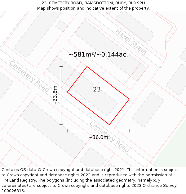 23, CEMETERY ROAD, RAMSBOTTOM, BURY, BL0 9PU: Plot and title map